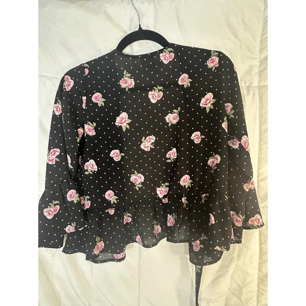 Belle du Jour Girls Black Floral Polka Dot Ruffle‎ Kimono Cardigan Top XL
